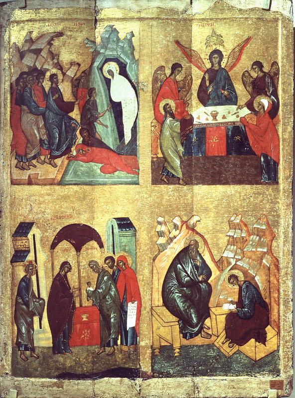 Икона четырехчастная: Воскрешение Лазаря, Троица, Сретение, Святые Иоанн Богослов и Прохор